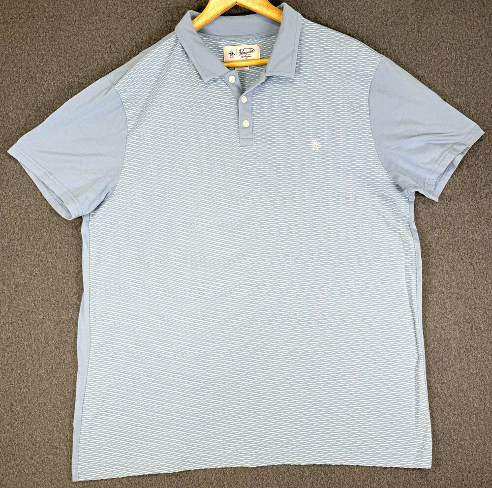 Original Penguin Mens XL Light Blue White Geometric Polo Shirt Short Sleeve Logo